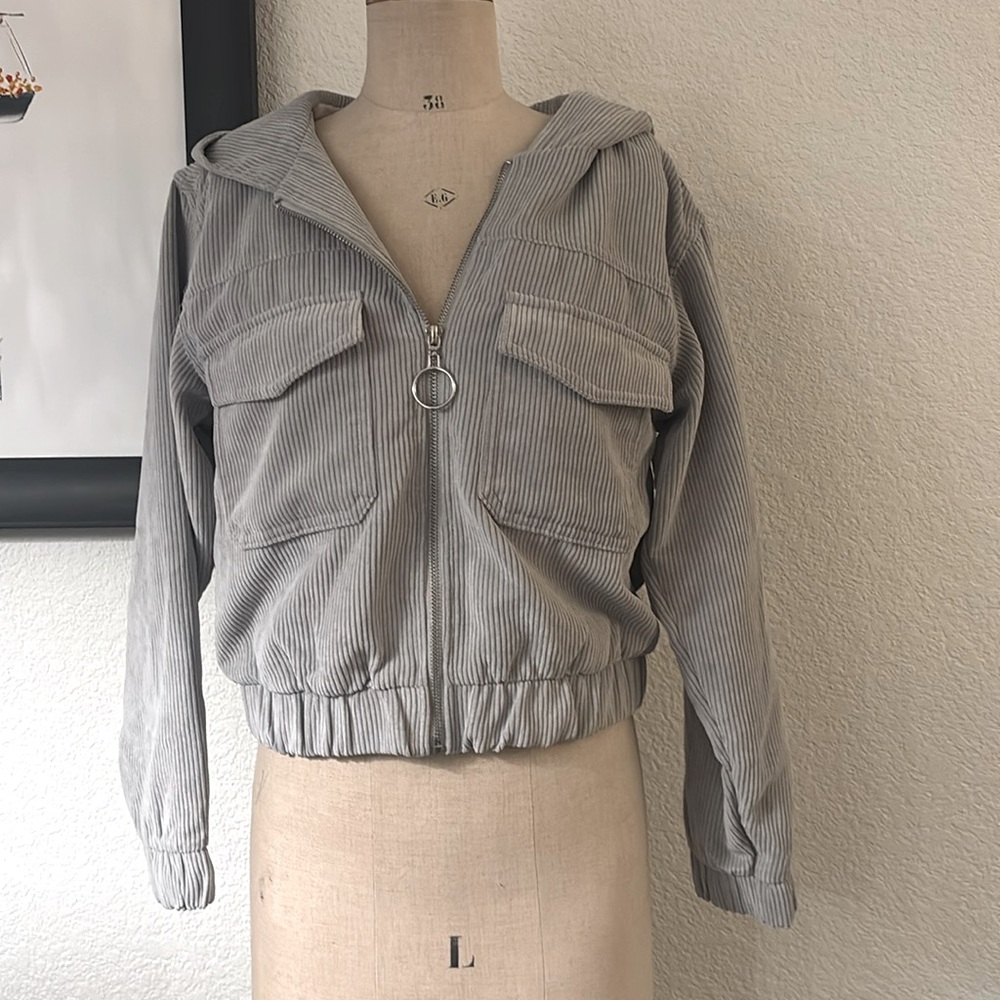 Haute Monde Gray Corduroy Bomber Jacket w/hood, Pink Faux Fur Lining Size Small